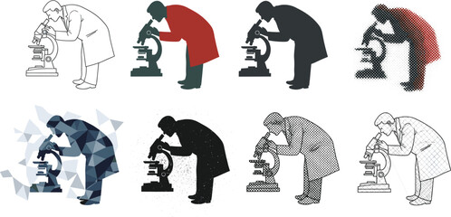 Scientist using microscope in laboratory research, medical science, biology experiment, innovation, healthcare analysis, scientific illustration