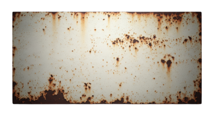 Weathered, rust-spotted metal sheet with faded white paint and dark edge