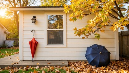 Red and blue umbrellas leaning against house in autumn backyard