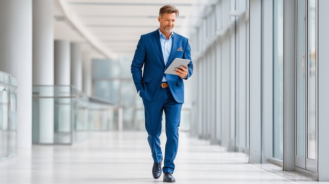 Confident businessman in a blue suit walks through a modern office building, reviewing his tablet. - Powered by Adobe
