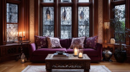 gothic revival living room full view, stained glass window, dark burgundy sofa, carved wood table, wall sconce, soft candlelight