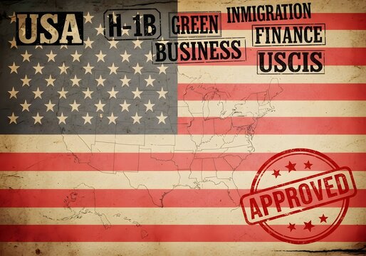Usa h1b green card business finance uscis approved stamp on flag