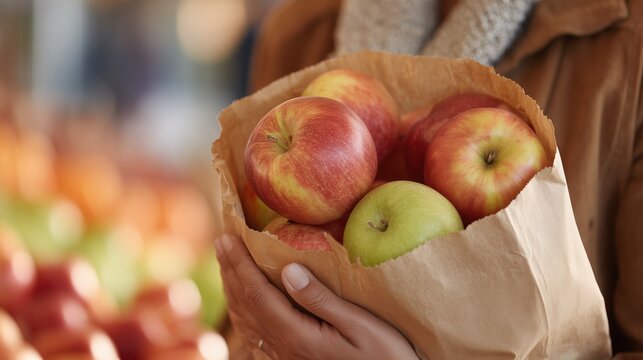 Close-up of a person's hands holding a paper bag filled with fresh red, yellow, and green apples at a market