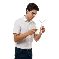 Young man examining a wind turbine model isolated on transparent background