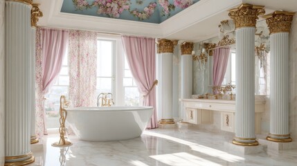 luxurious baroque bathroom with white columns, floral ceiling molding, freestanding tub, golden fittings, pastel curtains, bright daylight