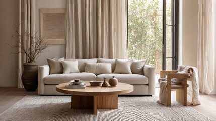 japandi living room, low beige sofa, oak coffee table, linen curtains, textured rug, warm soft lighting