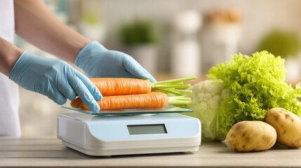 Close-up of a person wearing blue gloves weighing fresh carrots on a digital kitchen scale next to other vegetables