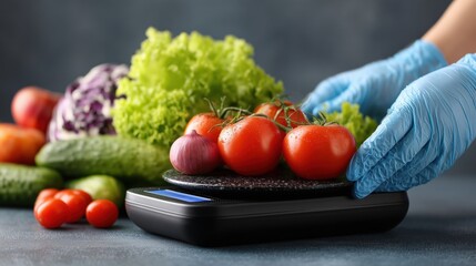 Hands in blue gloves weighing fresh tomatoes and garlic on a black digital scale surrounded by various vegetables