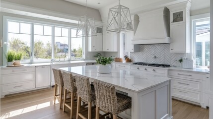 mediterranean coastal kitchen full view, oak island, white marble countertop, ceramic backsplash, wide windows