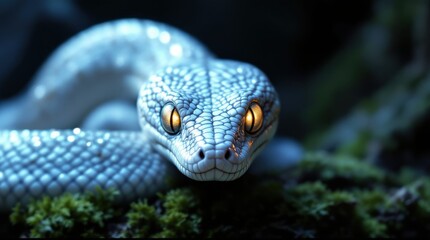 Fototapeta premium White snake resting on moss with striking amber eyes in a dark, serene setting