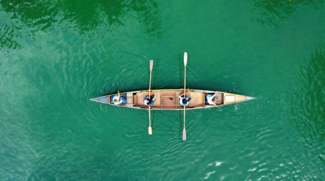 Group of rowers practicing their skills on a calm lake surrounded by greenery in the afternoon sun