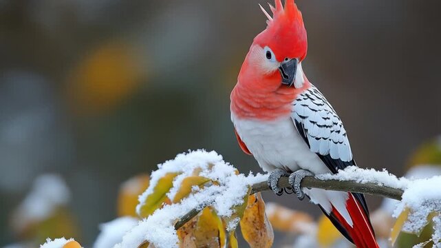 Colorful parrot on snowy branch