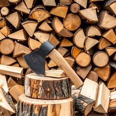 A hand axe rests on a section of a tree stump, surrounded by a large pile of stacked firewood.  The axe head is dark gray, and the wooden handle light colored