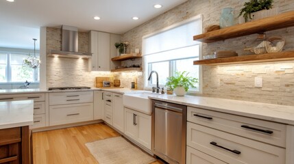 modern craftsman kitchen full view, cream shaker cabinets, oak open shelves, stone backsplash, warm under cabinet lighting, oak floor