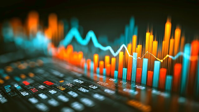 Financial data visualizing market trends and stock exchange fluctuations with colorful charts, graphs, and live trading indicators on a dark digital display - Powered by Adobe