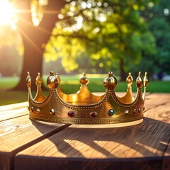 Golden crown resting on wooden picnic table outdoors, bathed in sunlight