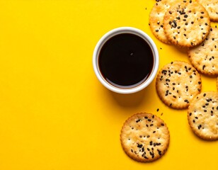 Sesame crackers and dipping sauce on a bright yellow background