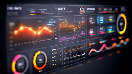 Business data analytics processing, displaying graphs, charts, and diagrams on a futuristic digital dashboard screen for financial intelligence and marketing strategy monitoring
