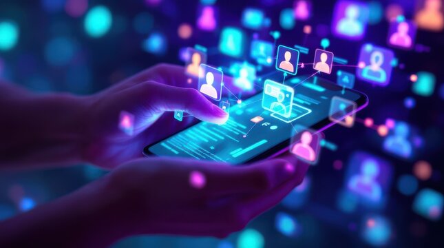 Hands holding smartphone displaying floating social media icons and data connections in a digital environment