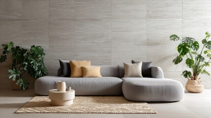 organic contemporary living room full view, clay wall, grey sofa with rounded cushions, linen rug, hidden wall light, soft natural daylight