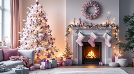 Fototapeta premium Cozy living room decorated for Christmas with a large white tree, gifts, and a warm fireplace glow