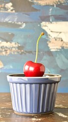 Single red cherry atop a textured, periwinkle-blue ramekin