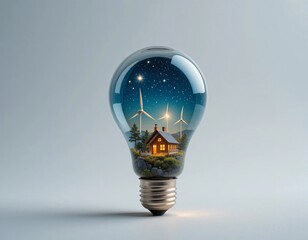 Miniature Cozy House Inside a Transparent Glass Light Bulb with Glowing Solar Panels