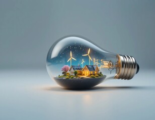 Miniature Cozy House Inside a Transparent Glass Light Bulb with Glowing Solar Panels