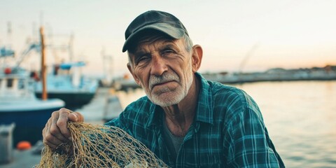 A wise and seasoned elderly fisherman enjoys a tranquil evening at dusk by the marinas docks