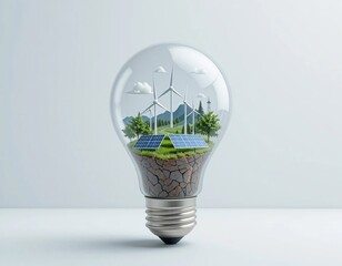 Miniature Cozy House Inside a Transparent Glass Light Bulb with Glowing Solar Panels