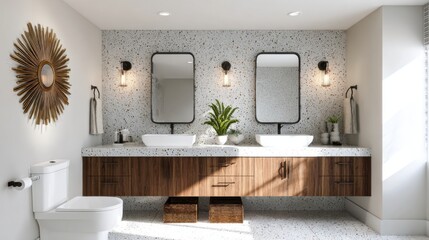 eclectic bathroom, large terrazzo walls, twin sunburst mirrors, black industrial sconces, walnut vanity, diffused daylight, DOF