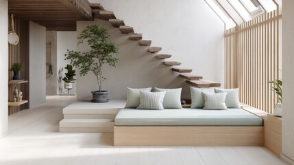 japandi mezzanine living room, sand microcement, walnut slat stairs, built in oak bench under loft futon, sage linen cushions, plant, calm skylight