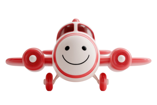 A cheerful red cartoon airplane with a smiling face, flying happily. background removed