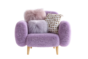 Fluffy purple armchair with three soft pillows; pink, lilac and patterned. background removed