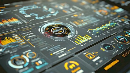 Modern digital dashboard showcasing data analytics, graphs, and charts on a screen, presenting a complex user interface for business intelligence, technology, and futuristic concepts