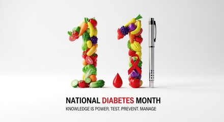 National Diabetes Month concept. Fresh colorful fruits vegetables forming number eleven. Red ribbon blood drop pen symbolize healthy lifestyle diabetes awareness prevention management.