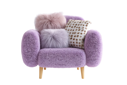 Fluffy purple armchair with three soft pillows; pink, lilac and patterned. background removed