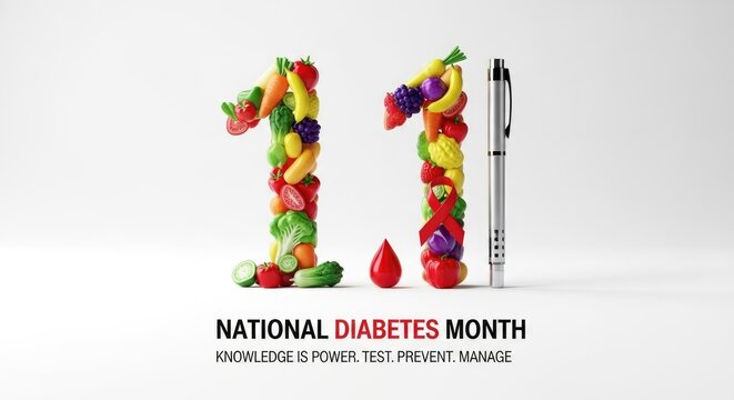 National Diabetes Month concept. Fresh colorful fruits vegetables forming number eleven. Red ribbon blood drop pen symbolize healthy lifestyle diabetes awareness prevention management. - Powered by Adobe