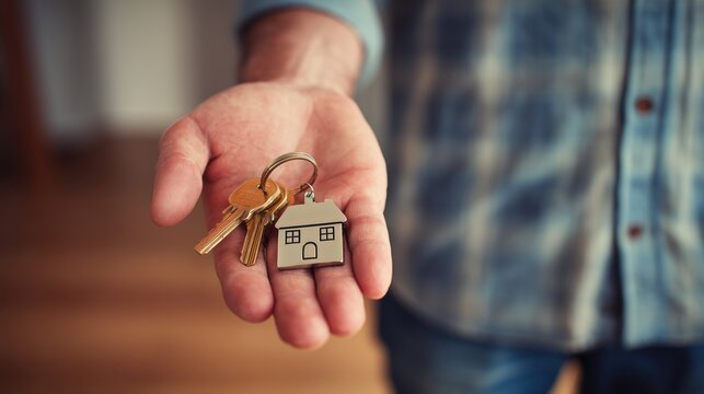 Close-up of an adult man's hand holding and presenting a set of gold and silver house keys