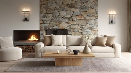 scandi contemporary living room, beige sofa, stone fireplace, mocha rug, oak coffee table, wall sconces, warm cozy glow