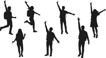 Celebrating people silhouettes jumping, raising arms, joyful motion, students with backpacks, black vector on white background