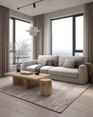 scandi contemporary living room, panoramic window with curtains, large sofa, light textured rug, oak coffee table, warm cinematic daylight