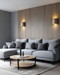 scandi light loft living room, gray sofa, wooden wall panels, wall sconces with warm light, light rug, modern coffee table, cinematic cozy mood