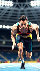 Muscular sprinter bursting from starting blocks, racing across electric blue track under stadium lights, embodying raw speed and competitive energy