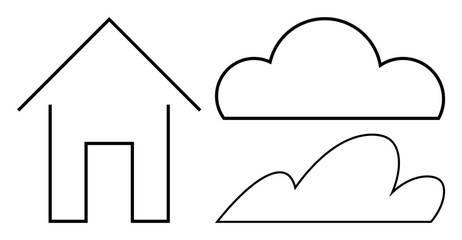 Geometric outline of a house with pitched roof and two different cloud shapes. Ideal for home, weather, nature, simplicity, real estate, childhood, environment themes in a simple flat metaphor