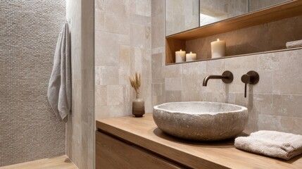 scandi rustic bathroom full view, stone sink with wood vanity, dusty beige tile, built in wall niche, soft warm light, earthy minimal tones
