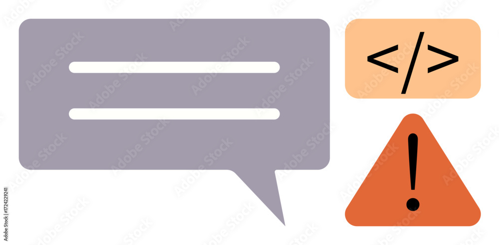 Aufkleber speech bubble with horizontal lines, warning triangle with exclamation mark, and coding tag represen