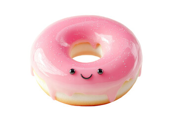 A cute, pink glazed donut with sprinkles and a smiling face, isolated on a transparent background. background removed
