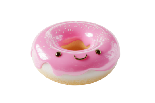 A cute, pink glazed donut with sprinkles and a smiling face, 3D rendered. background removed