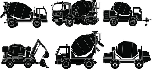 Cement mixer truck silhouette set with construction vehicles, concrete mixing trucks and heavy machinery for building, industry, and transportation